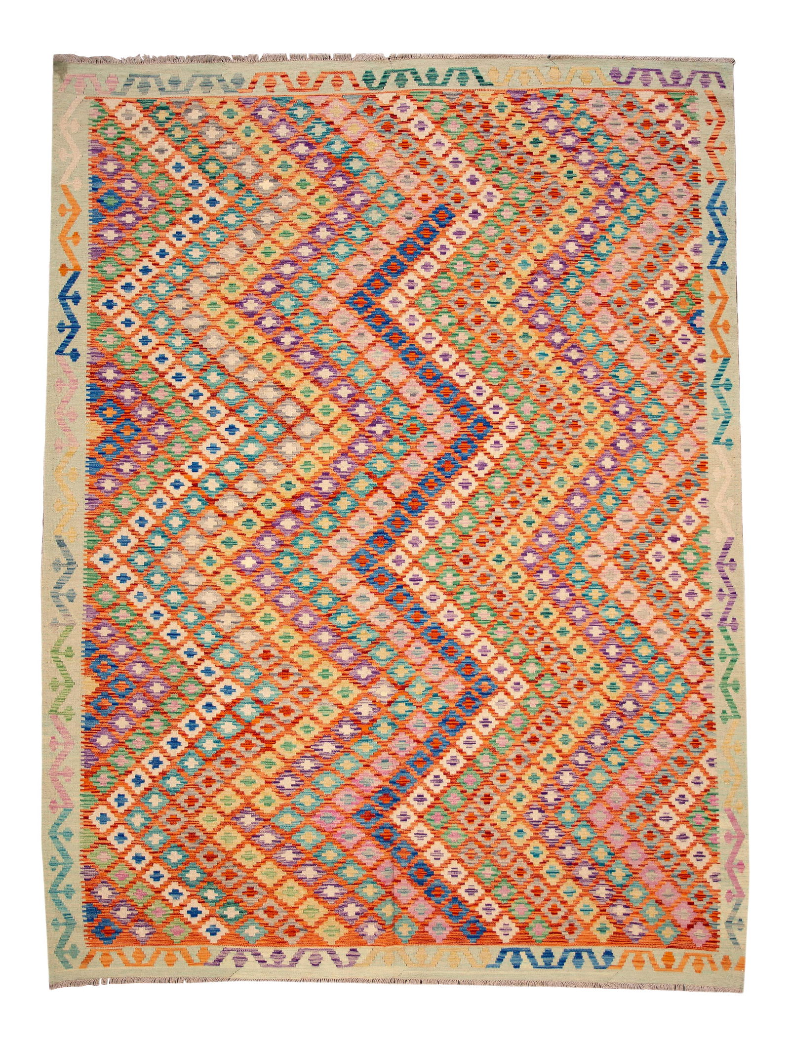 Vibrant Modern Kilim Handmade Wool Rug 8'7 x 11'5 Red: Vibrant Modern Kilim Handmade Wool Rug 8'7 x 11'5 Red Enhance your living space with this stunning Modern Kilim Handmade Wool Rug, featuring a captivating all-over geometric design set against a vibra
