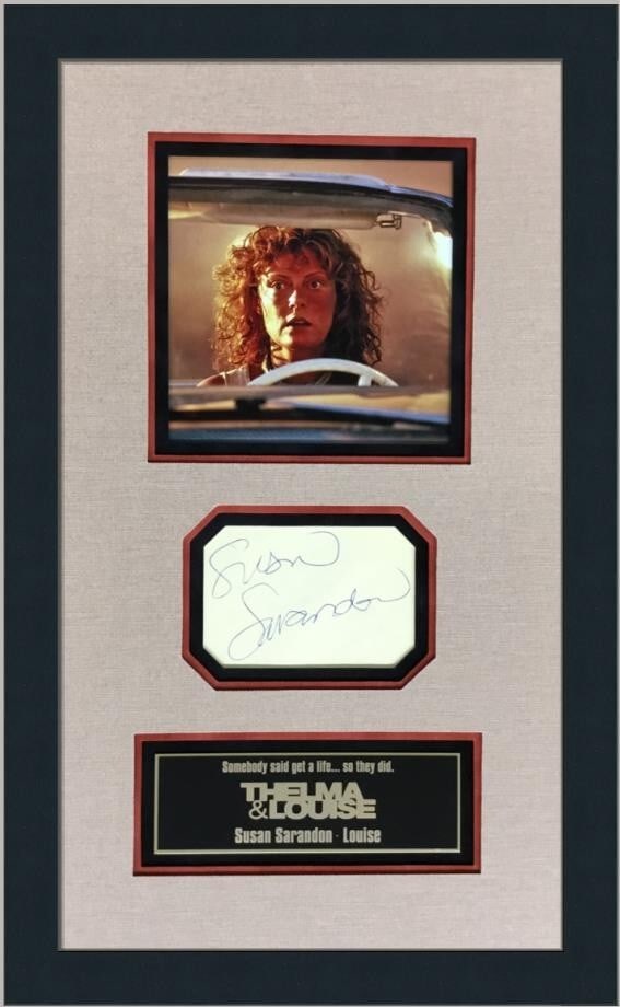 Susan Sarandon Signed Cut Signature Thelma and Louise Custom Frame Beckett Authenticated: Susan Sarandon Signed Cut Signature Thelma and Louise Custom Frame Beckett Authenticated This is an original signed cut signature of Susan Sarandon from the iconic movie "Thelma and Louise." The autog