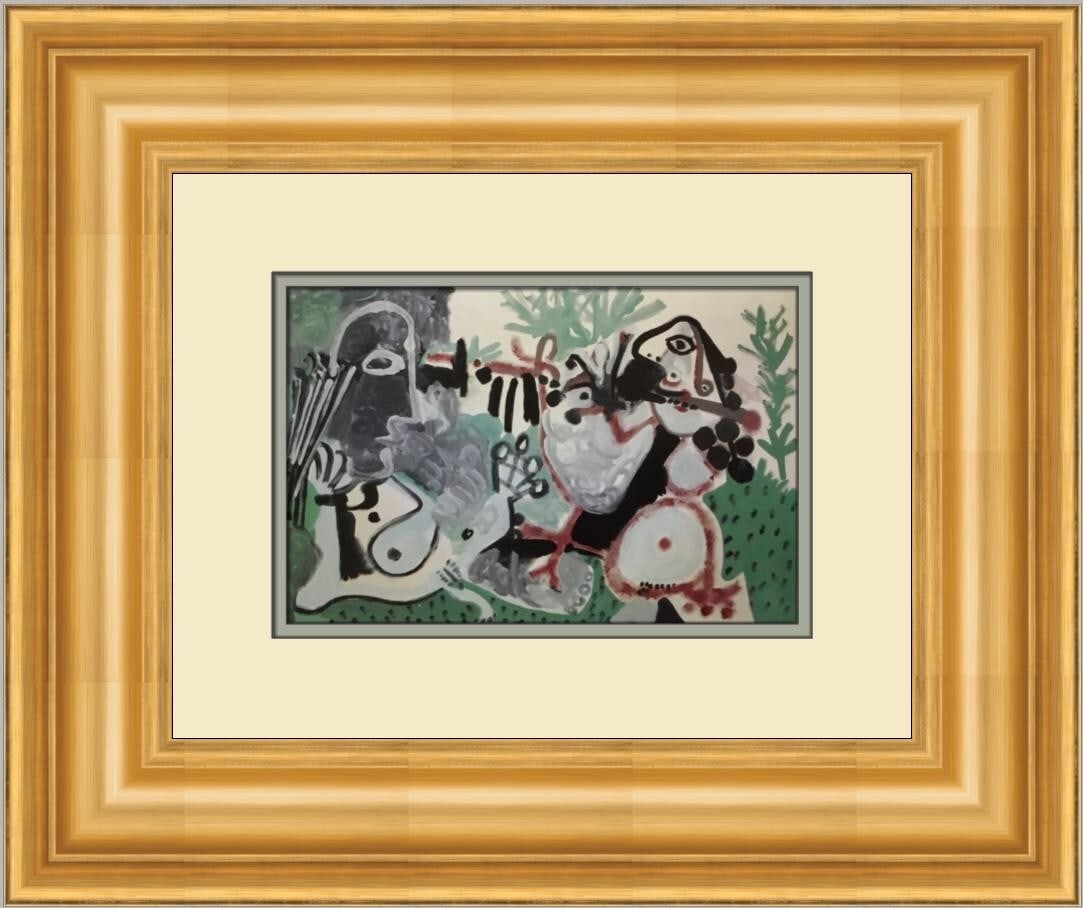 Pablo Picasso Two Figures in a Landscape Custom Framed Artwork: Pablo Picasso Two Figures in a Landscape Custom Framed Artwork This stunning print titled "Two Figures in a Landscape" by Pablo Picasso captures the essence of Surrealism through its vibrant multi-col