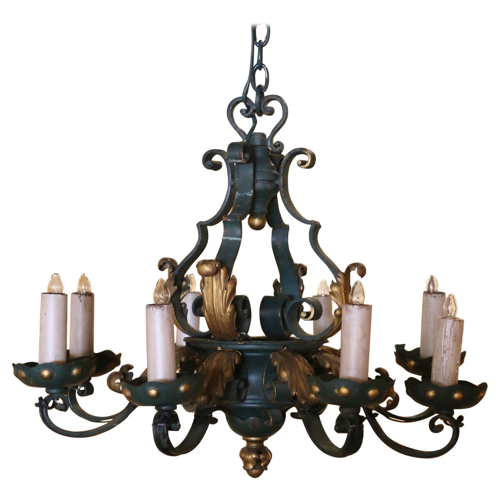 Antique French Louis XV Iron Chandelier Eight-Light circa 1920: Antique French Louis XV Iron Chandelier Eight-Light circa 1920 Illuminate your space with this exquisite Early 20th Century French Louis XV Painted & Gilt Eight-Light Iron Chandelier. Crafted in Paris