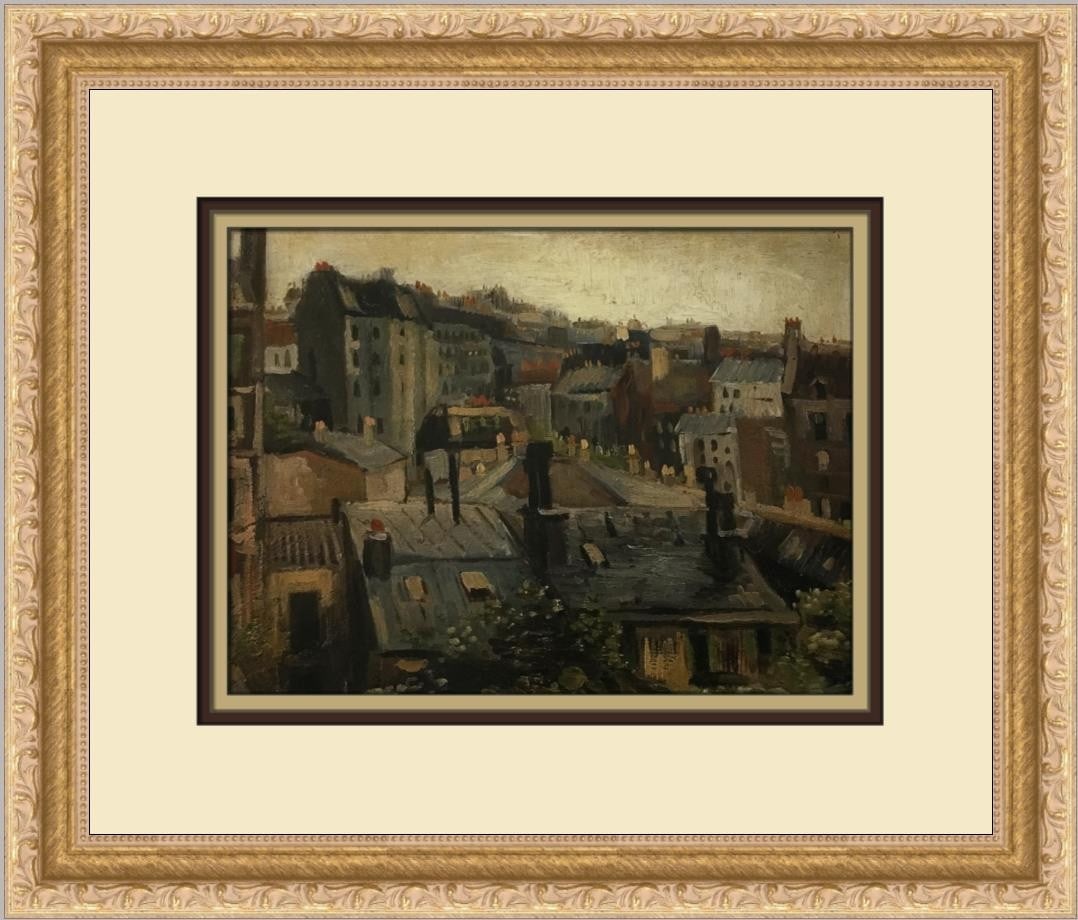 Vincent Van Gogh Roofs in Paris Custom Framed Art Print: Vincent Van Gogh Roofs in Paris Custom Framed Art Print This stunning custom framed print features Vincent van Gogh's renowned artwork "Roofs in Paris." Measuring 12 in. x 15 in., this medium-sized pi