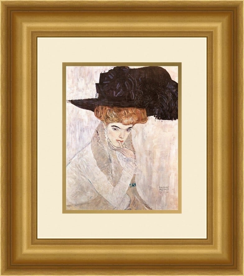 Gustav Klimt The Black Feather Hat Custom Framed Lithograph: Gustav Klimt The Black Feather Hat Custom Framed Lithograph This exquisite print titled 'The Black Feather Hat' by Gustav Klimt captures the essence of expressionism through its vivid portrayal of fig