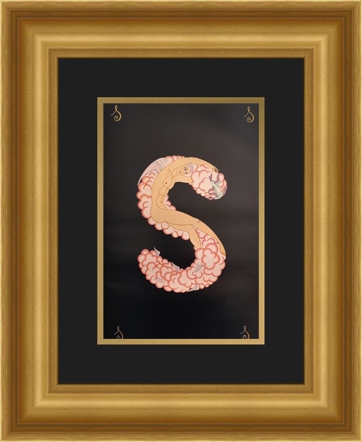 Erte Alphabet Suite S Art Deco Framed Print 17 x 21: Erte Alphabet Suite S Art Deco Framed Print 17 x 21 This stunning custom framed print features the letter 'S' from the Erte Alphabet Suite, showcasing a beautiful Art Deco style. Created by the renown