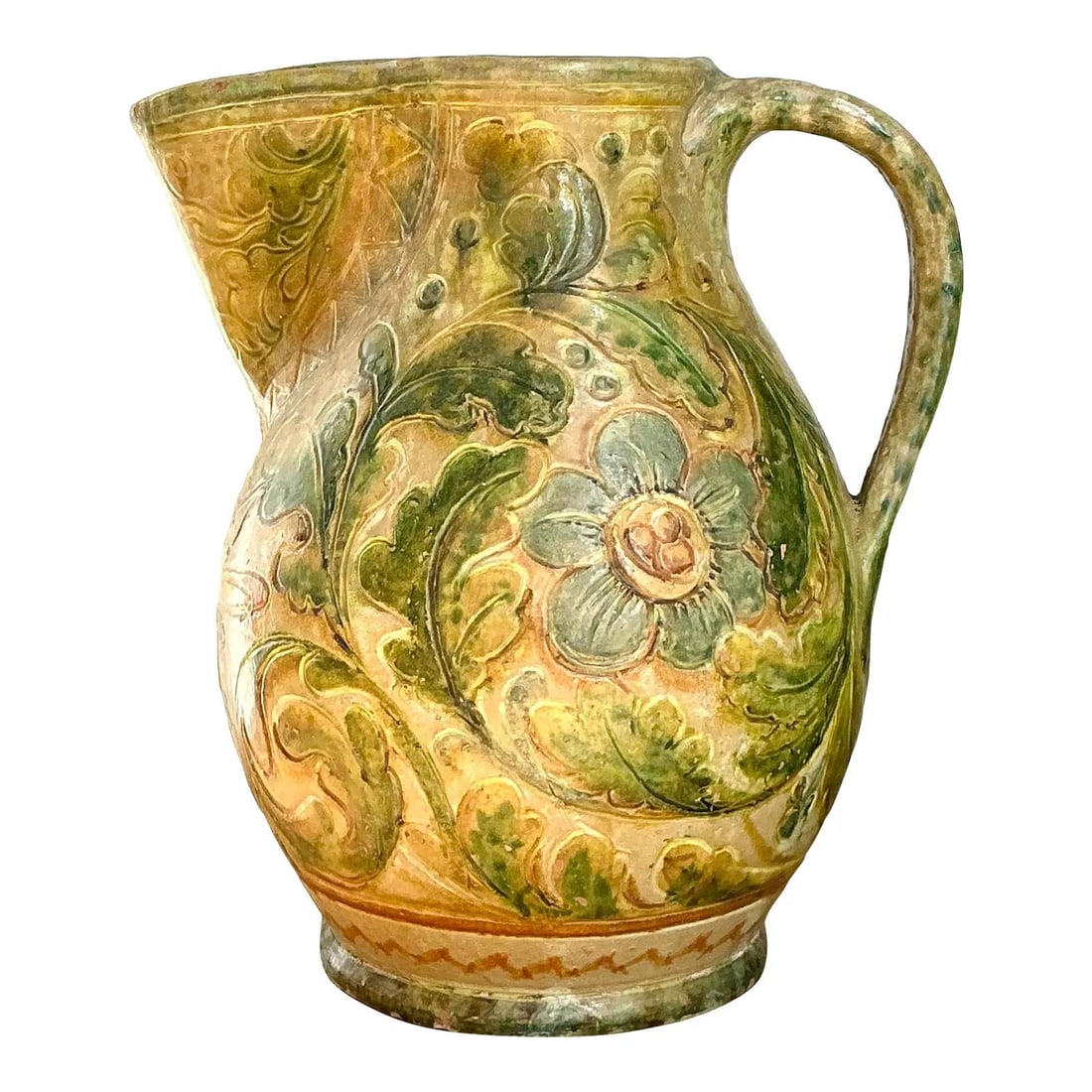 Majolica Style Vintage Ceramic Pitcher With Floral Relief Design: Majolica Style Vintage Ceramic Pitcher With Floral Relief Design This vintage ceramic pitcher features a deeply relief-molded botanical design in the Majolica style, highlighted by stylized floral mot