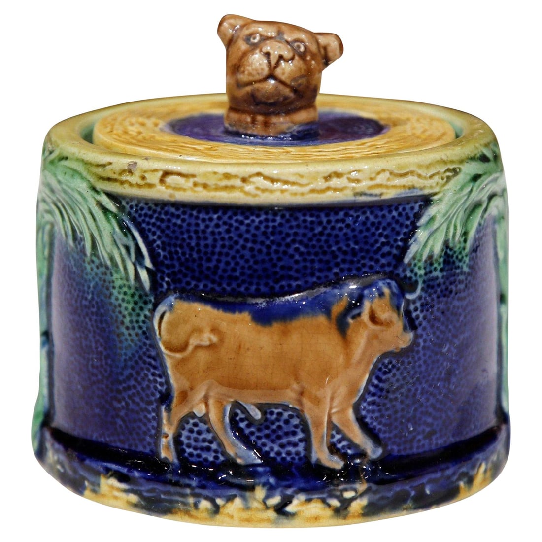 French Majolica Sugar Dish with Cow Motif and Dog Finial Circa 1880: French Majolica Sugar Dish with Cow Motif and Dog Finial Circa 1880 This late 19th-century French Barbotine sugar bowl is crafted from hand-painted Majolica ceramic. Sculpted circa 1880, the round con