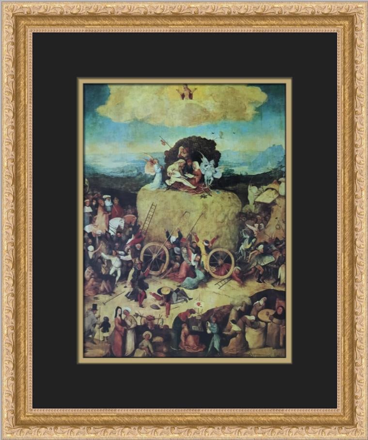 Hieronymus Bosch The Haywain Custom Framed Offset Lithograph Print: Hieronymus Bosch The Haywain Custom Framed Offset Lithograph Print This exquisite custom framed print features Hieronymus Bosch's renowned artwork, The Haywain. Measuring 17 inches in height and 14 in