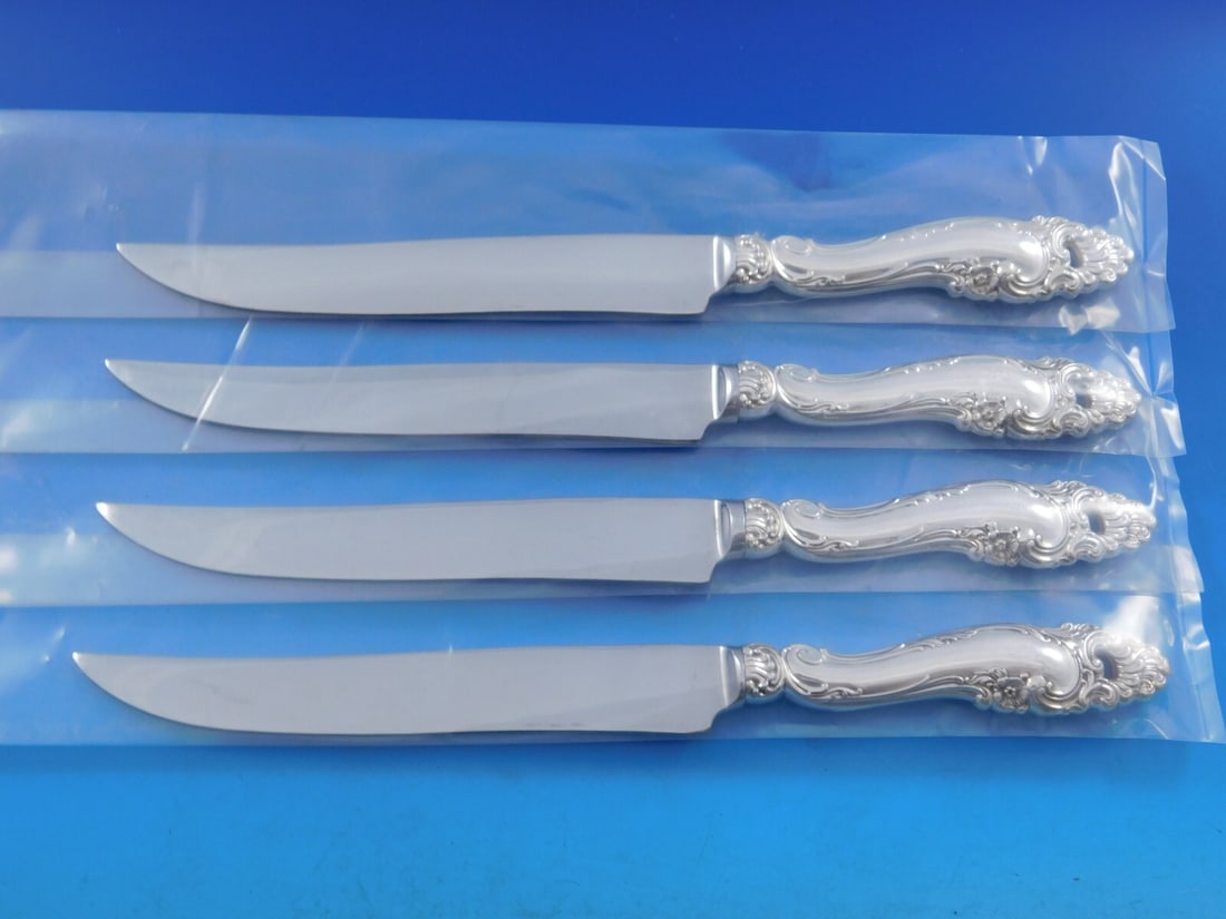 Gorham Decor Sterling Silver Steak Knife Set 4pc Texas Sized 10": Gorham Decor Sterling Silver Steak Knife Set 4pc Texas Sized 10" Transform every meal into a grand event with this heirloom-quality 4-piece Sterling Silver Steak Knife Set by Gorham. Crafted from prem