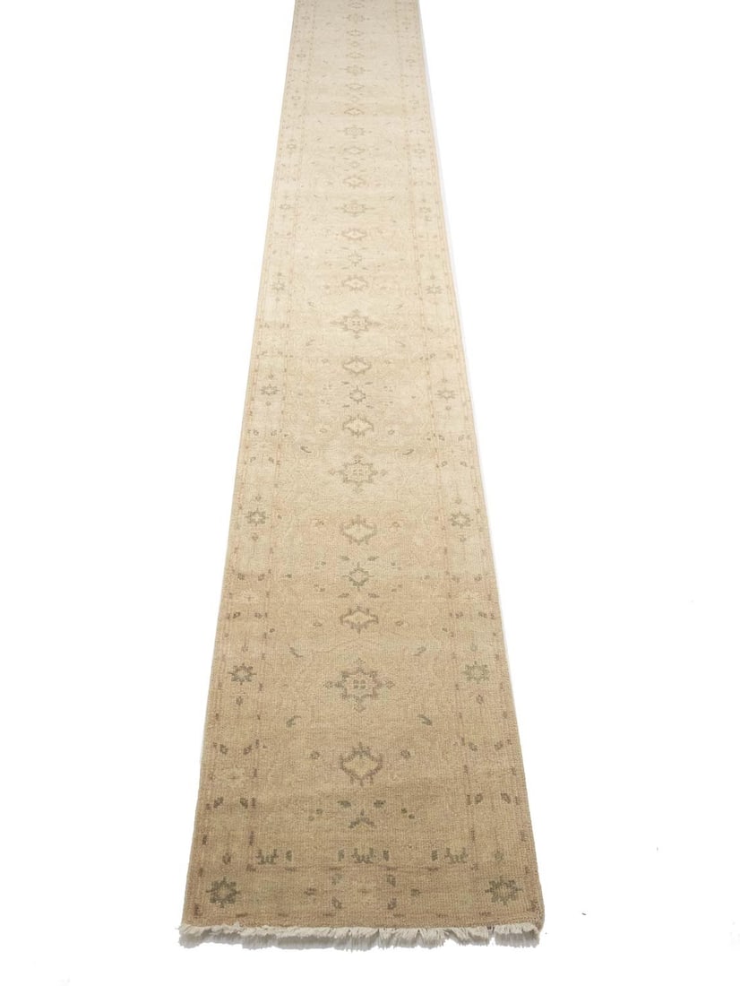 Hand-Knotted Wool Floral Runner Rug 2'6 x 19'8 Transitional Hallway Carpet: Hand-Knotted Wool Floral Runner Rug 2'6 x 19'8 Transitional Hallway Carpet This hand-knotted floral oriental runner rug features a transitional style with a modern floral pattern in muted tones of pin