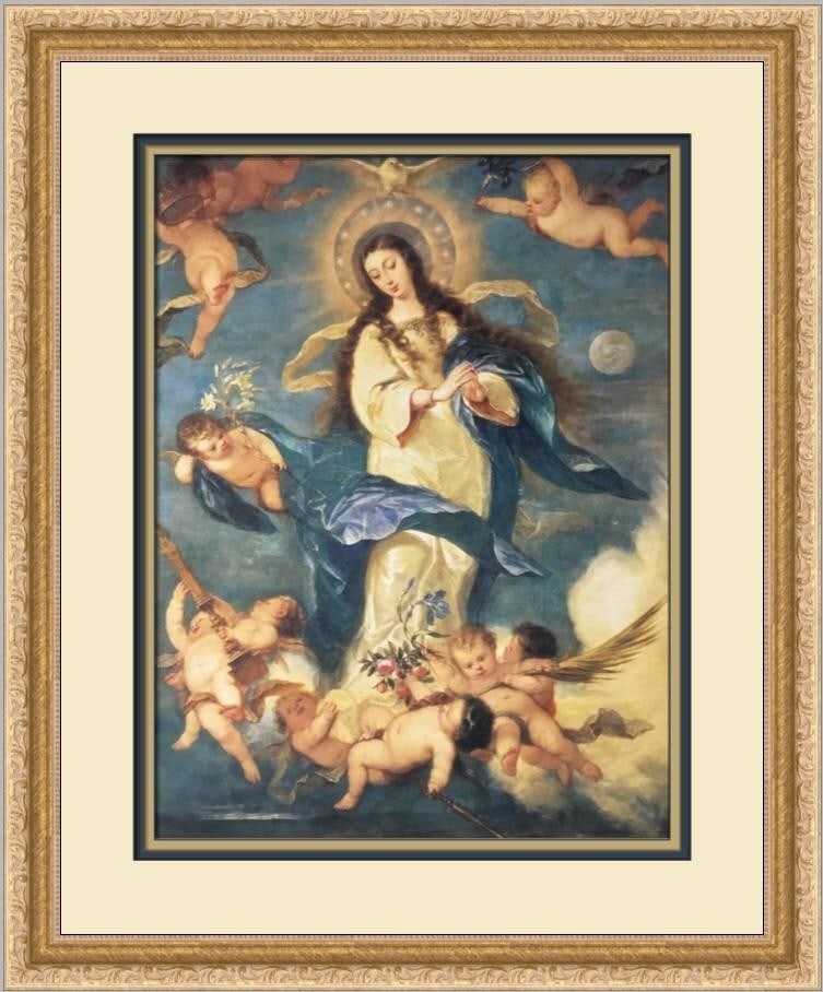 Jose Antolinez The Immaculate Conception Framed Print 1998: Jose Antolinez The Immaculate Conception Framed Print 1998 This exquisite custom framed print titled "The Immaculate Conception" by artist Jose Antolinez showcases a stunning depiction of religious ch
