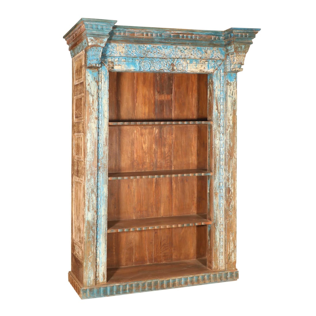 Rustic Blue Wood Bookcase Made from Mango and Teak: Rustic Blue Wood Bookcase Made from Mango and Teak Discover the charm of this Unique Indian Vintage Style Wood Bookcase, beautifully crafted to showcase a rustic aesthetic. This stunning piece feature