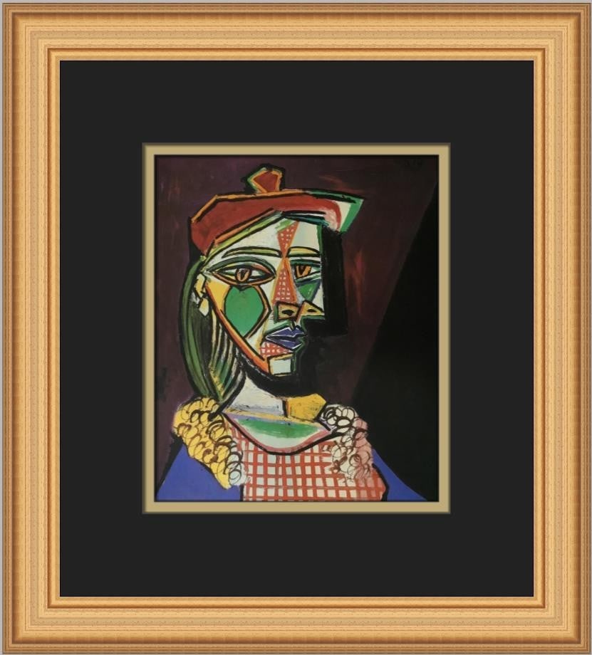 Pablo Picasso Woman with Cap and Checkered Dress Custom Framed Art Print: Pablo Picasso Woman with Cap and Checkered Dress Custom Framed Art Print This stunning custom framed print titled "Woman with Cap and Checkered Dress" by Pablo Picasso is a captivating piece that show