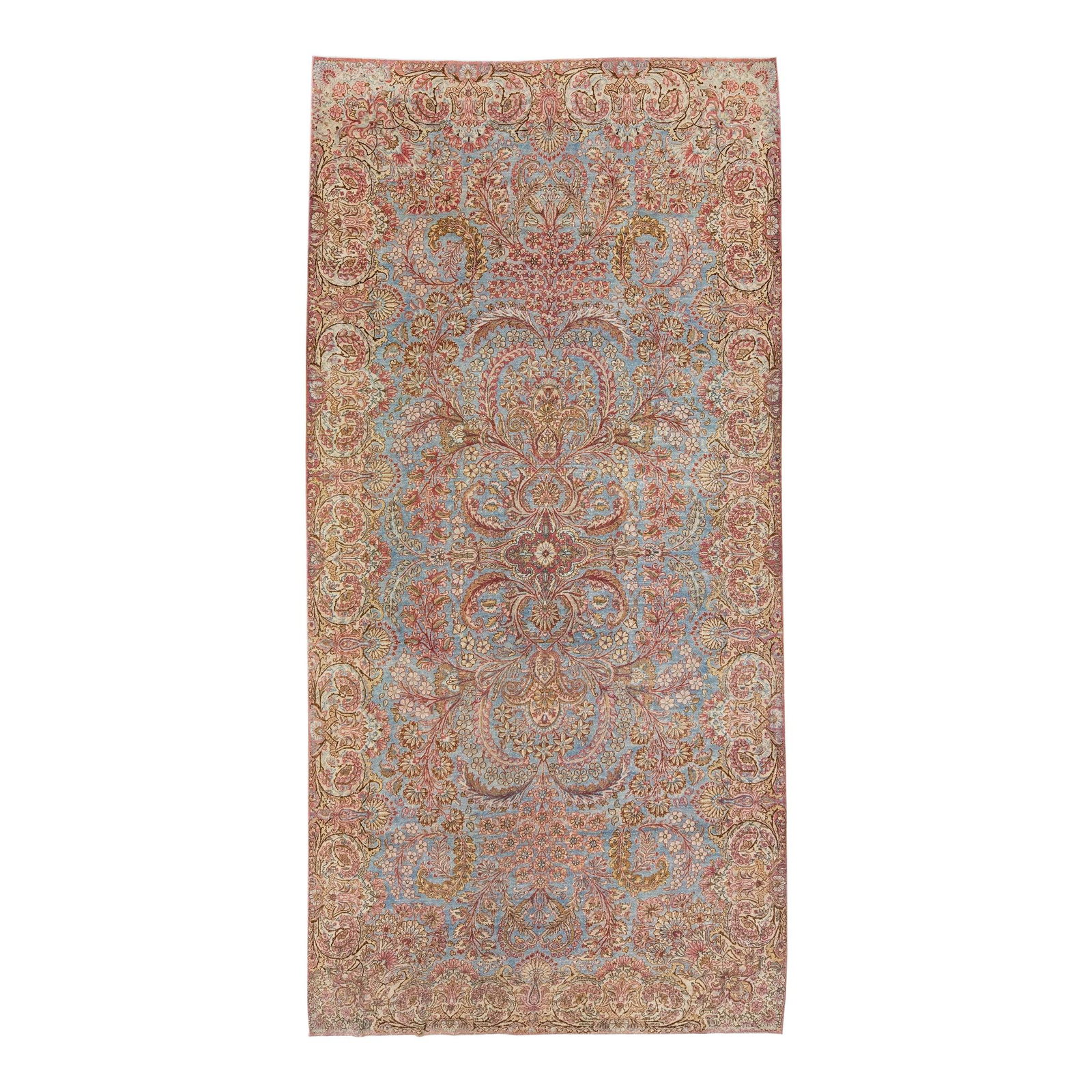 Vintage 1950s Handmade Persian Kirman Wool Rug 5'9 x 12 Floral Design: Vintage 1950s Handmade Persian Kirman Wool Rug 5'9 x 12 Floral Design This exquisite 1950s Mid Century Persian Kirman rug features a stunning blue color field adorned with a traditional allover floral