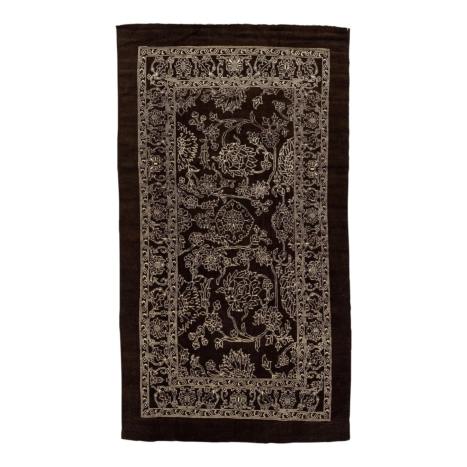 Handmade Mid-Century Modern Brown Wool Rug 6'9 x 12'4 Geometric Motif: Handmade Mid-Century Modern Brown Wool Rug 6'9 x 12'4 Geometric Motif This stunning Mid-Century Modern style rug showcases a rich brown color field complemented by beige accents, creating a striking a