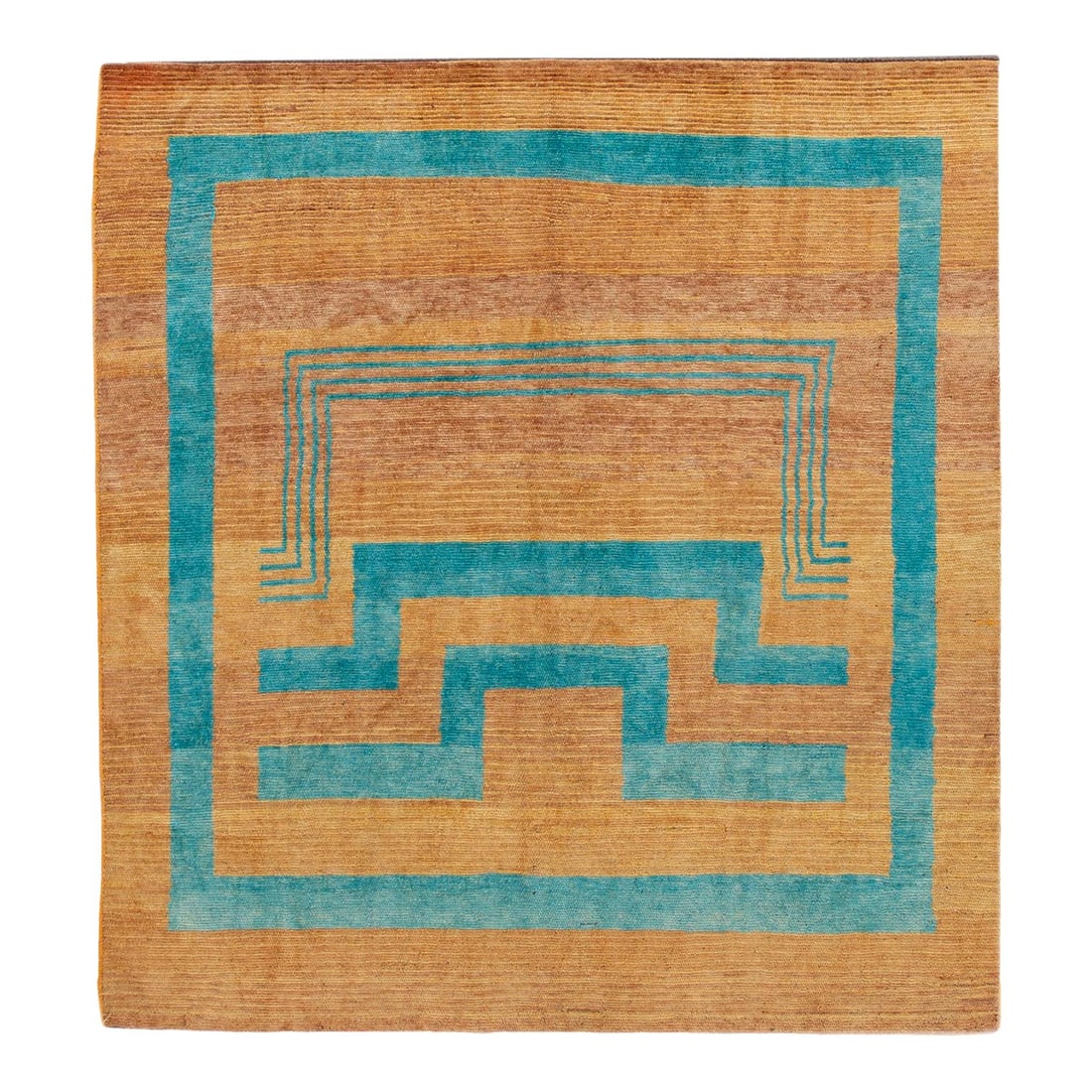 Modern Deco Geometric Goldenrod Teal Wool Rug 7' x 7'6: Modern Deco Geometric Goldenrod Teal Wool Rug 7' x 7'6 This exquisite Modern Deco-style handmade wool rug features a striking goldenrod field complemented by vibrant teal accents in an intricate all-o