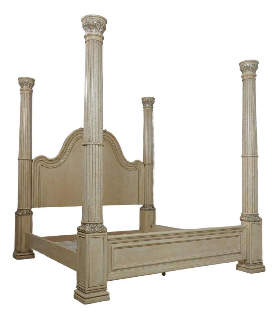 Off White Wood King Poster Bed with Carved Oak Columns: Off White Wood King Poster Bed with Carved Oak Columns This king size column poster bed features solid oak posts and high quality construction, offering a large and impressive presence. The bed is fin