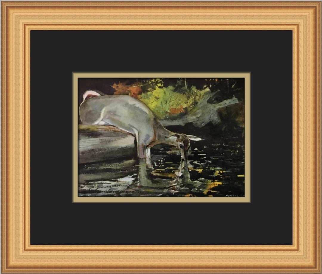 Winslow Homer Deer Drinking Custom Framed Art Print 14x11: Winslow Homer Deer Drinking Custom Framed Art Print 14x11 This exquisite custom framed print titled "Deer Drinking" by renowned artist Winslow Homer captures the beauty of nature with its expressionis