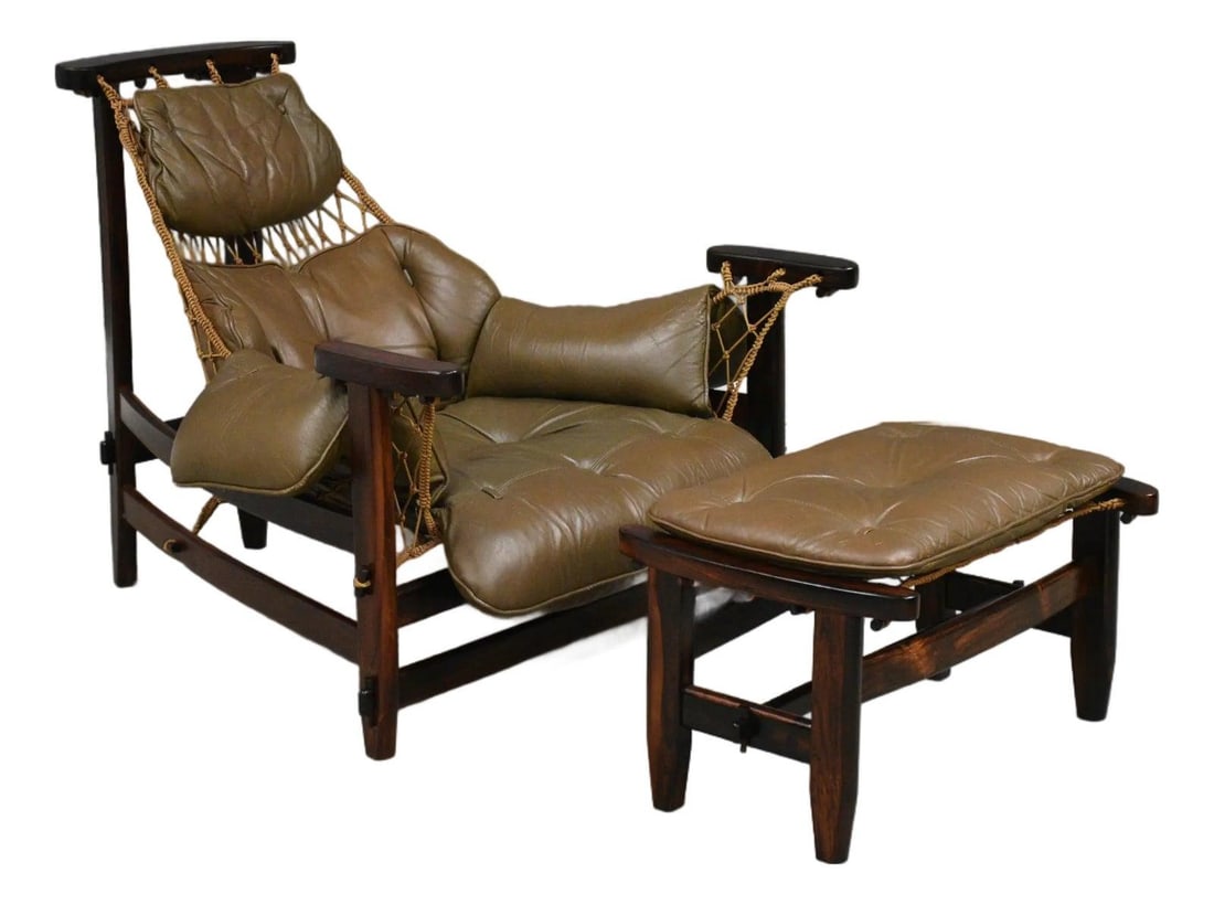 Jean Gillon Jangada Lounge Chair Ottoman Rosewood Leather Mid Century: Jean Gillon Jangada Lounge Chair Ottoman Rosewood Leather Mid Century Experience mid-century modern elegance with this Jean Gillon Jangada lounge chair and ottoman, featuring a distinctive greenish-br