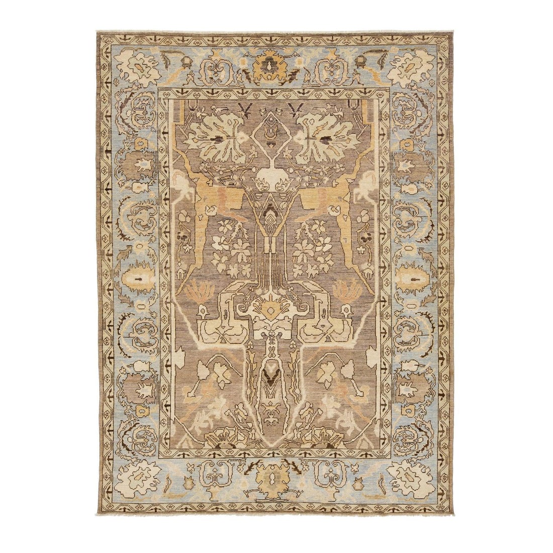 Elegant Light Brown Hand Knotted Wool Oushak Style Rug 8'8 x 11'8: Elegant Light Brown Hand Knotted Wool Oushak Style Rug 8'8 x 11'8 Enhance your living space with this exquisite modern Oushak Style hand-knotted wool rug. Featuring a warm light brown field, this rug