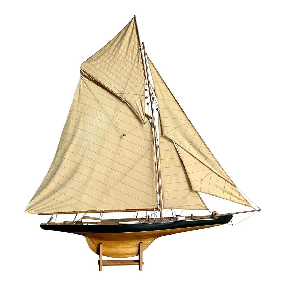 Early 20th Century Nautical Scale Sailboat Model With Wood Hull and Fabric Sails: Early 20th Century Nautical Scale Sailboat Model With Wood Hull and Fabric Sails This vintage sailboat scale model showcases early 20th-century yacht design with a rich wood hull, detailed fabric sail