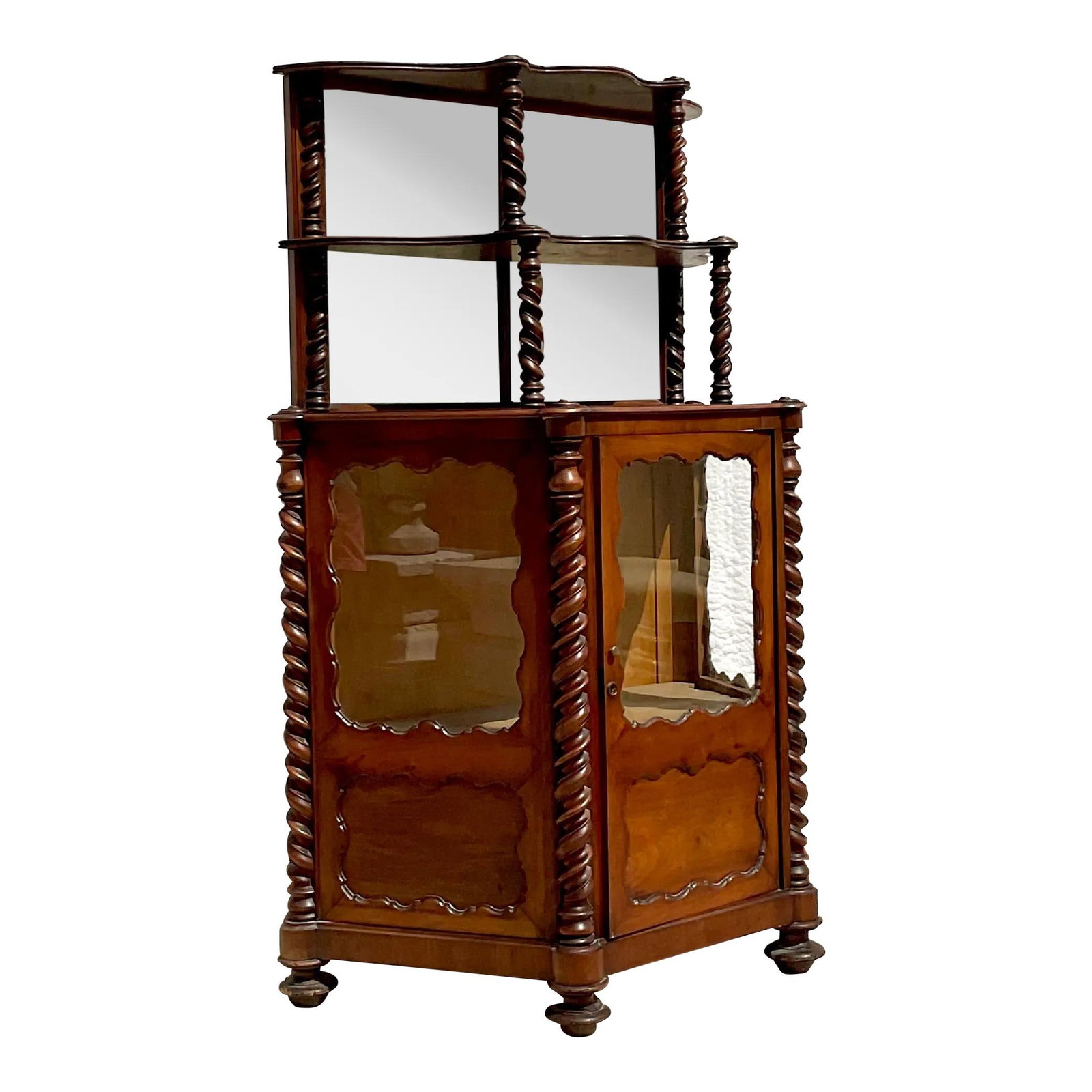 Vintage Boho Barley Twist Bi-Level Cabinet in Burnt Umber: Vintage Boho Barley Twist Bi-Level Cabinet in Burnt Umber Discover the charm of vintage Americana with this Early 20th Century Boho Barley Twist Bi-Level Cabinet. This exquisite cabinet showcases a un