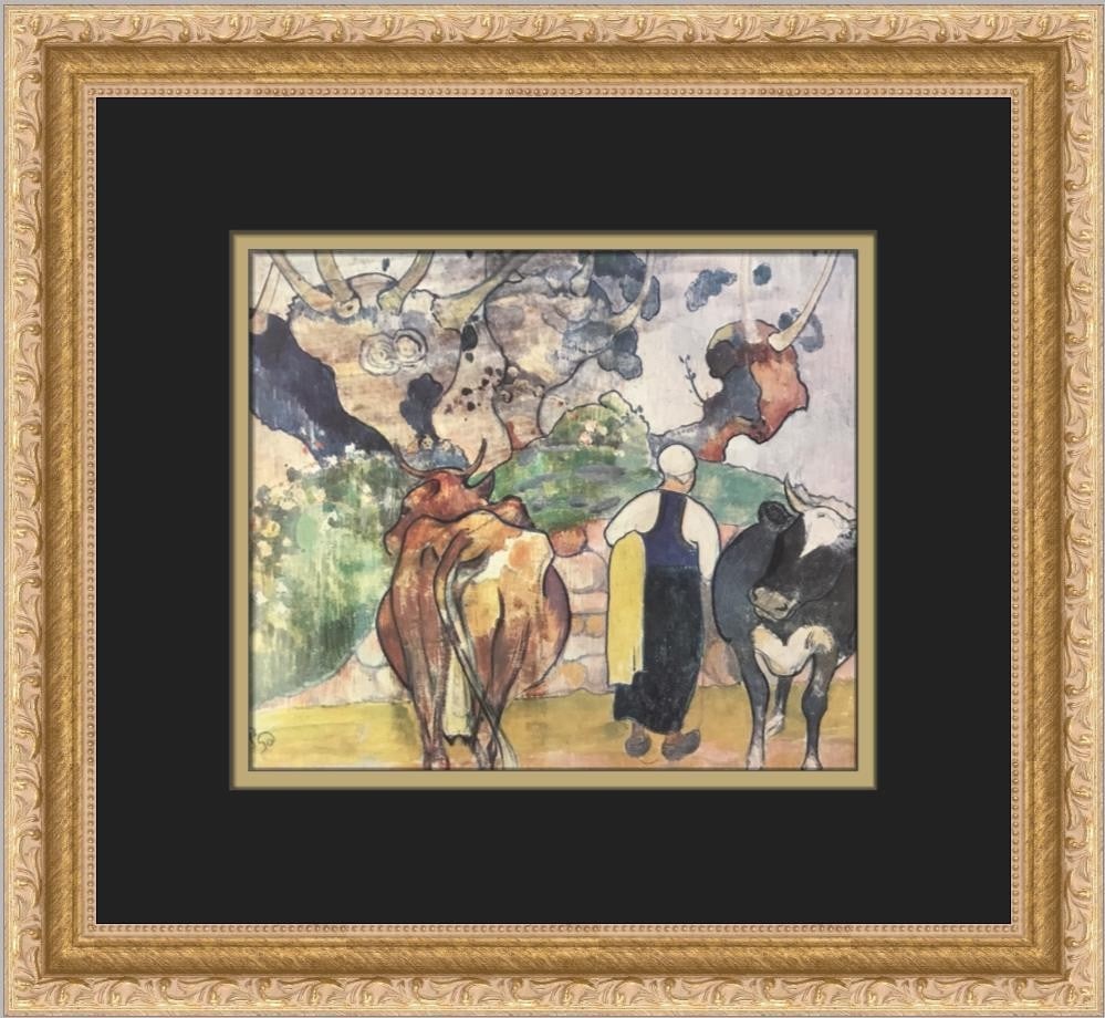 Custom Framed Offset Print Peasant Woman and Cattle by Paul Gauguin: Custom Framed Offset Print Peasant Woman and Cattle by Paul Gauguin This is a professionally custom-framed open edition offset lithograph print titled "Peasant Woman and Cattle" by Paul Gauguin. Produ