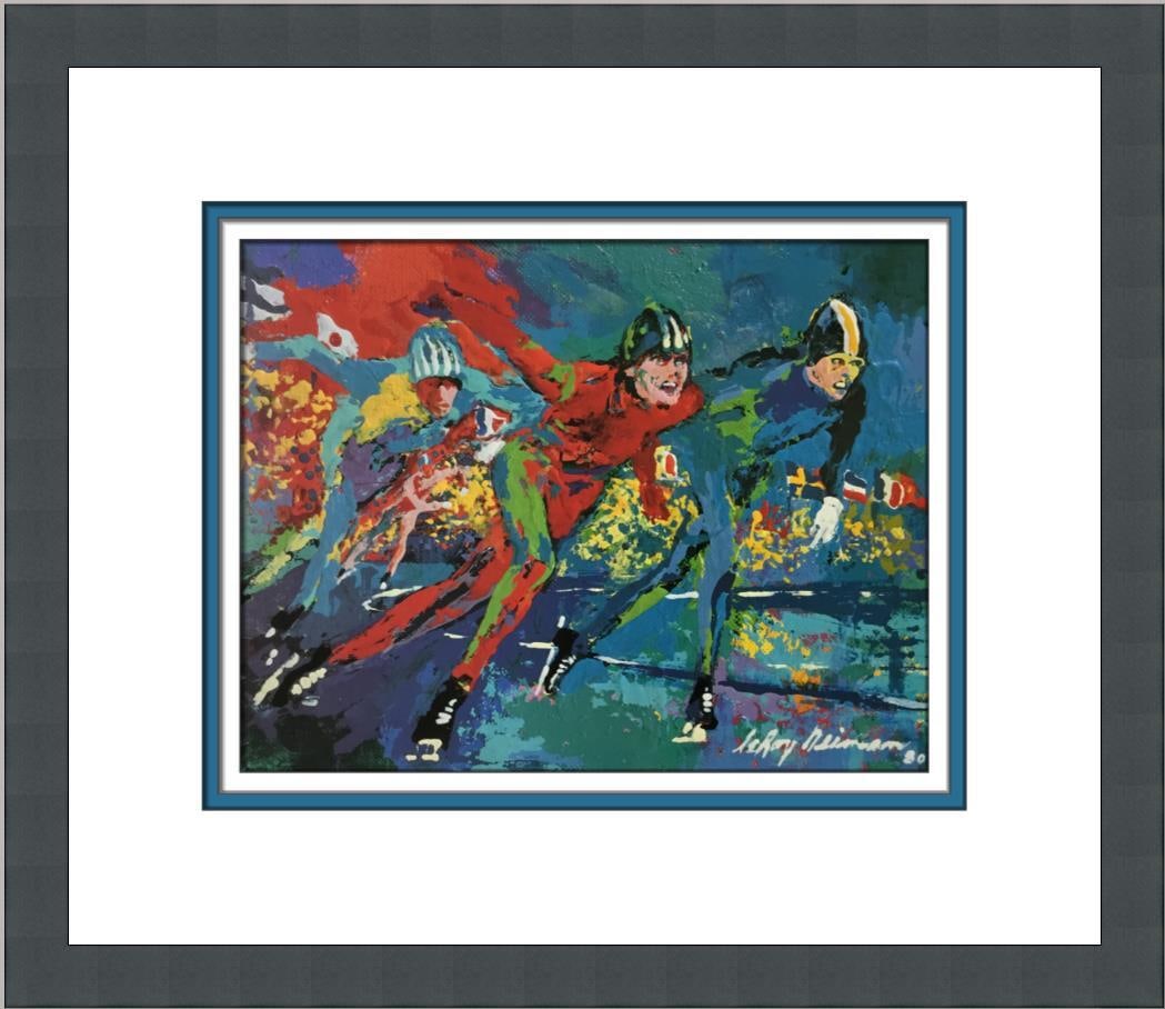 LeRoy Neiman Ice Racers Custom Framed Print 1995 Multi-Color Lithograph: LeRoy Neiman Ice Racers Custom Framed Print 1995 Multi-Color Lithograph This striking custom framed print by renowned artist LeRoy Neiman captures the dynamic energy of ice racing in a vibrant express