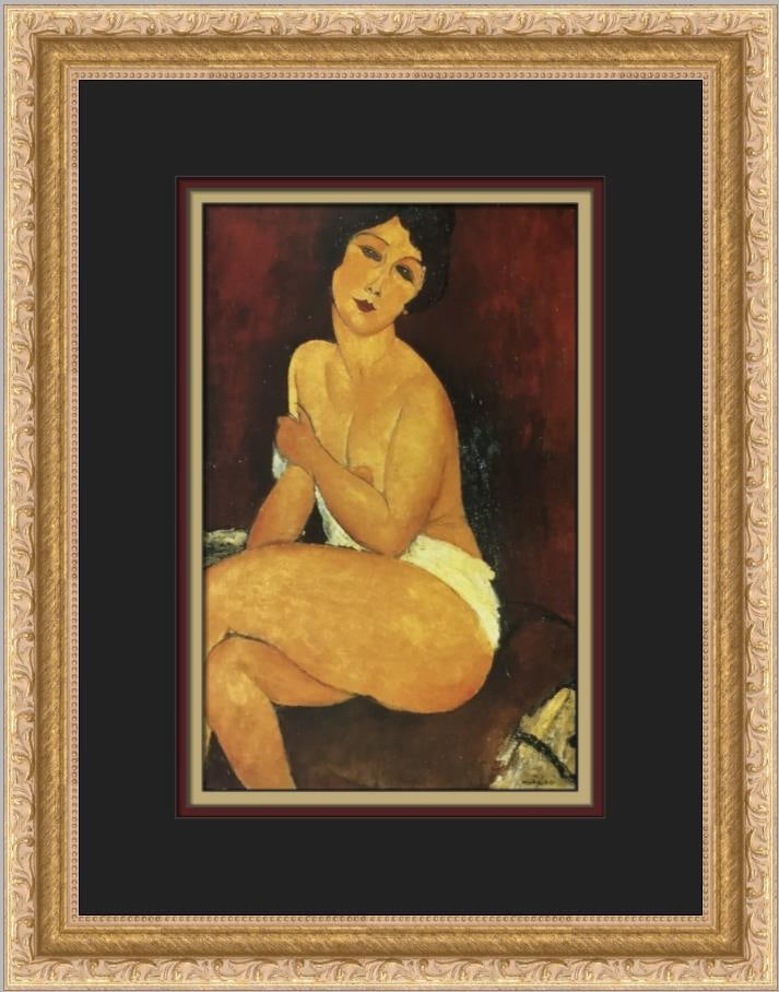 Amedeo Modigliani Seated Nude Custom Framed Surrealist Print: Amedeo Modigliani Seated Nude Custom Framed Surrealist Print This beautiful custom framed print titled "Seated Nude in Divan" by Amedeo Modigliani captures the essence of surrealism. The artwork featu