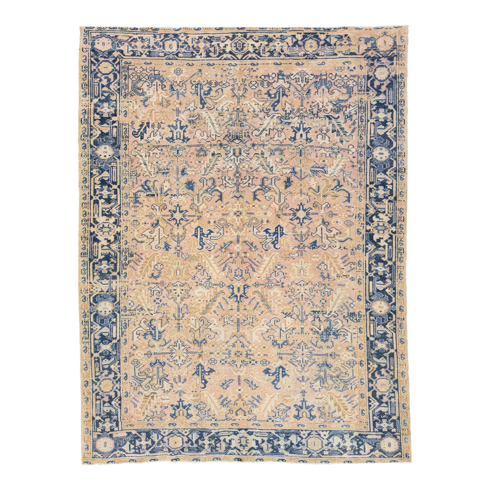1920s Antique Heriz Persian Wool Rug 8' x 10'7 Peach: 1920s Antique Heriz Persian Wool Rug 8' x 10'7 Peach Discover the timeless elegance of this 1920s Persian Heriz rug, featuring a captivating all-over geometric floral pattern in rich shades of blue an
