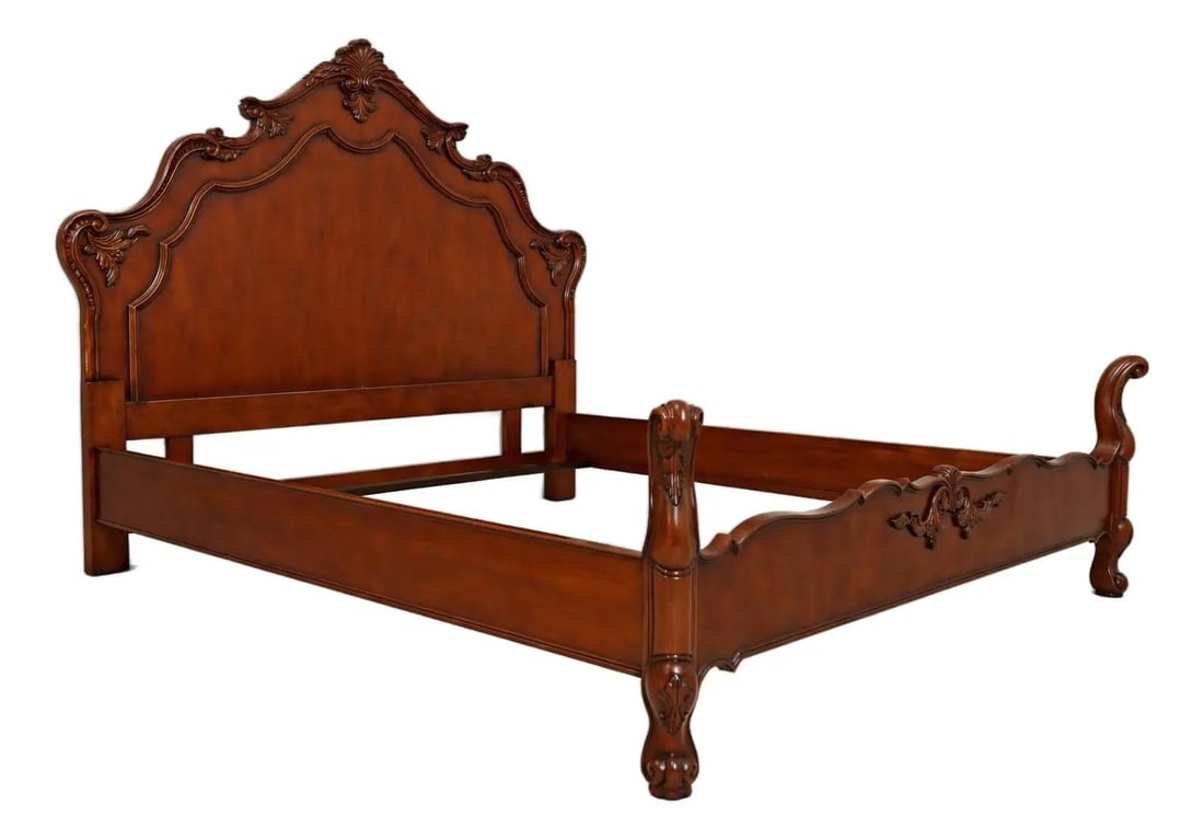 French Inspired King Bed in Walnut Cherry Finish with Carved Accents (1 of 10)