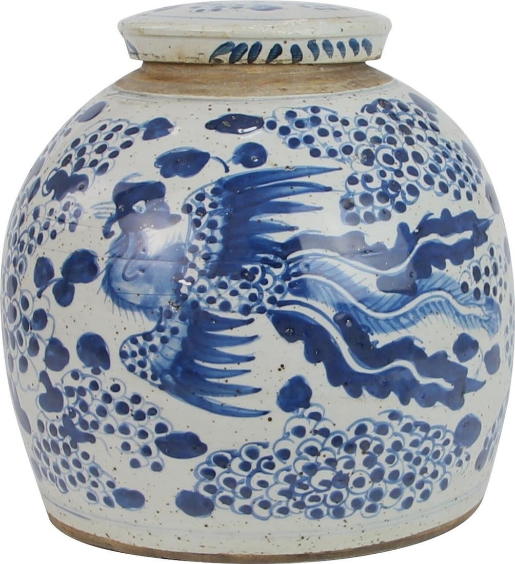 Small Ming Style Ceramic Jar with Phoenix Motif Blue Finish 10H Inches (1 of 4)