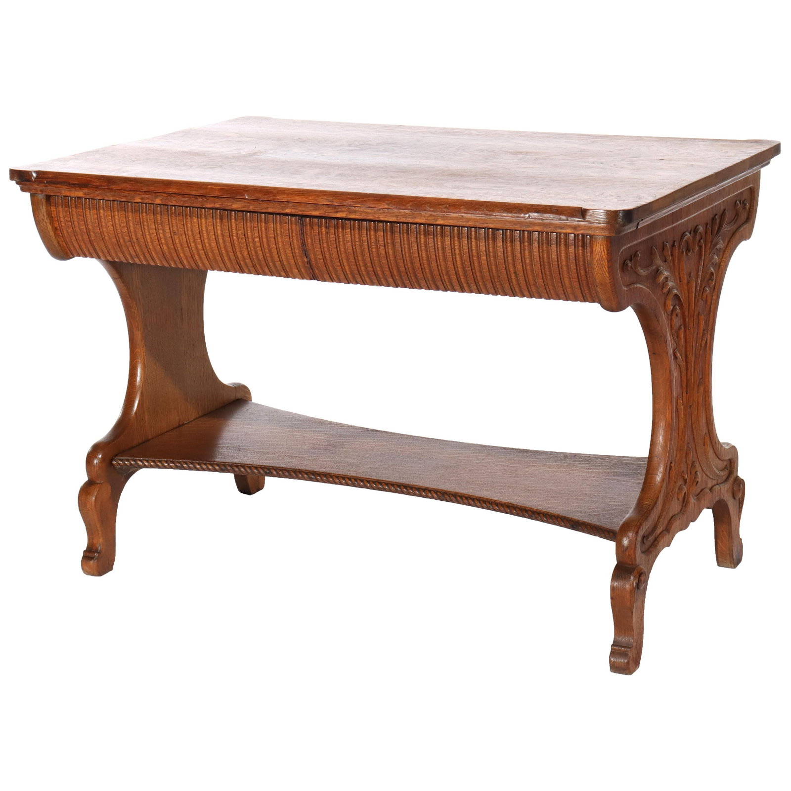 Antique RJ Horner Carved Oak 2-Drawer Library Table C1910: Antique RJ Horner Carved Oak 2-Drawer Library Table C1910 This exquisite Antique RJ Horner Arts & Crafts Carved Oak Library Table, dating from circa 1910, showcases the exceptional craftsmanship of th