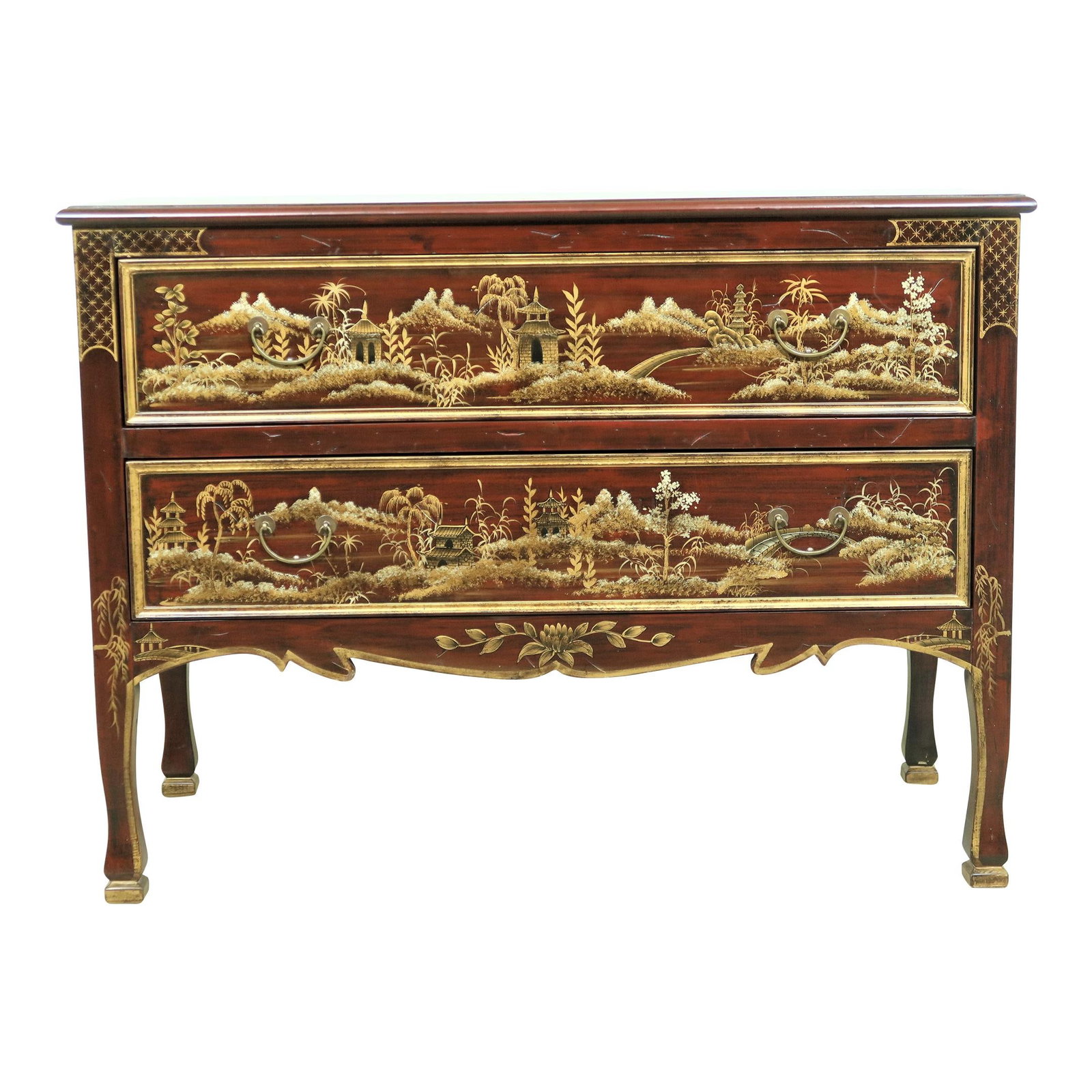 Elegant Chinoiserie 2 Drawer Commode Chest in Red Finish (1 of 10)