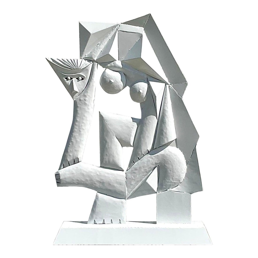 Glossy White Cubist Metal Woman Sculpture Lacquer Finish: Glossy White Cubist Metal Woman Sculpture Lacquer Finish This vintage Cubist sculpture features a striking depiction of a woman crafted from metal and finished with a glossy white lacquer. Its bold ge