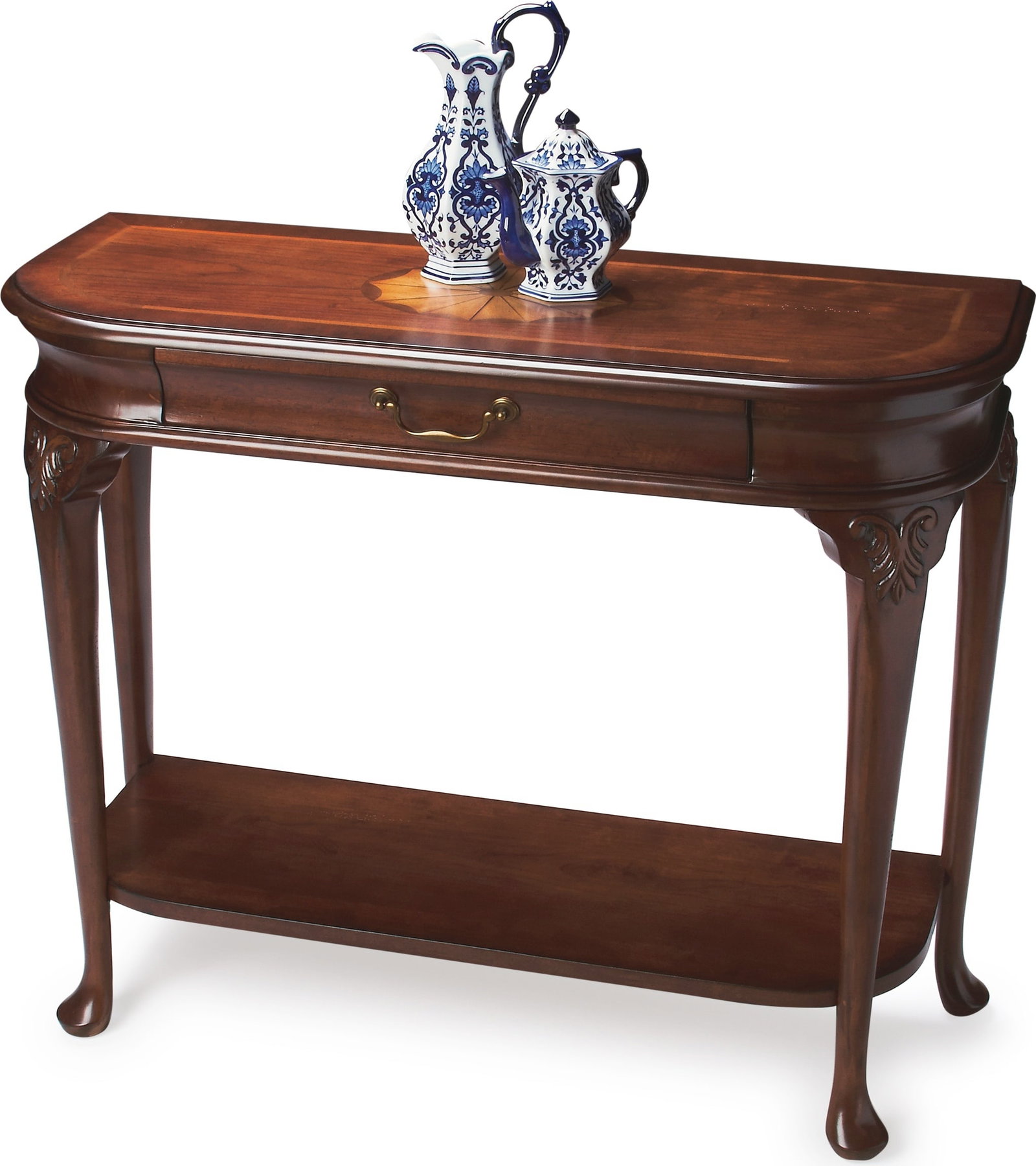 Elegant Ridgeland Console Table by Butler in Brown Cherry Finish: Elegant Ridgeland Console Table by Butler in Brown Cherry Finish Introducing the Elegant Ridgeland Console Table, a stunning piece that merges antique charm with modern functionality. This console tab
