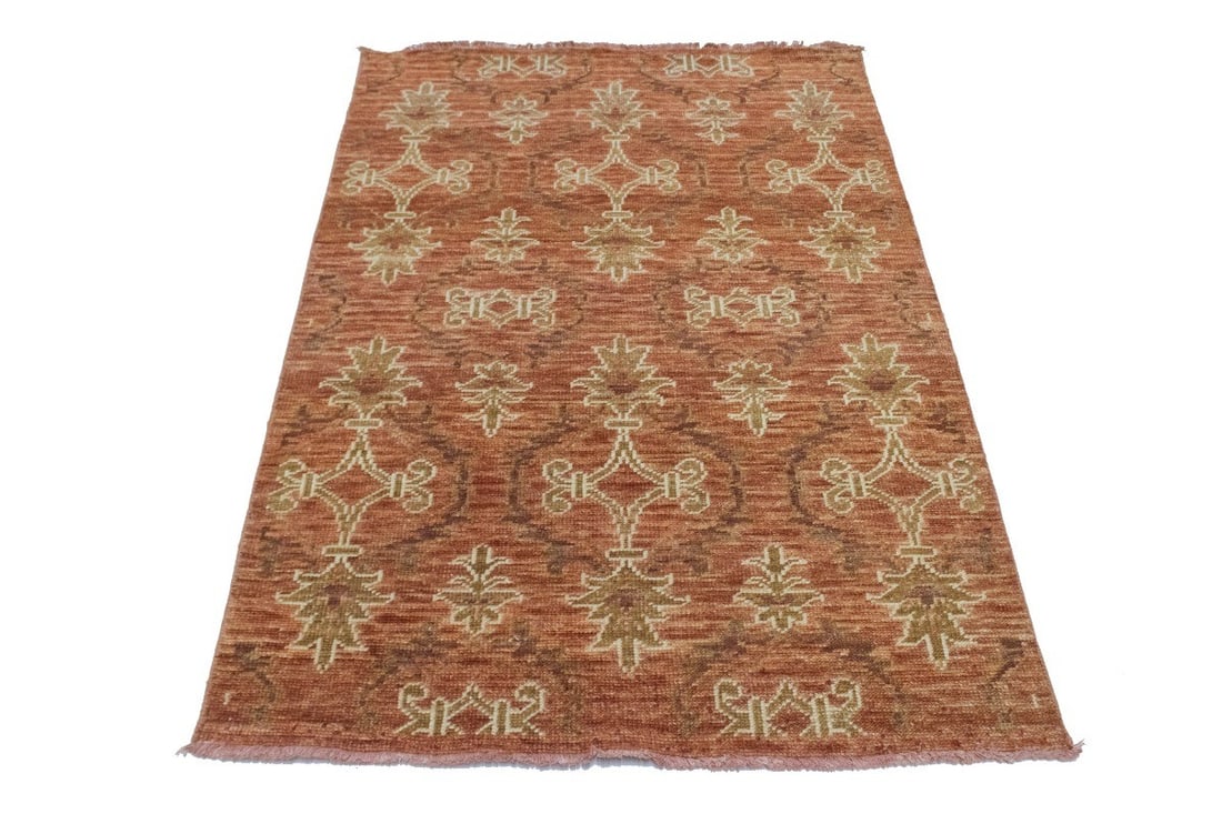 Handmade Wool Rug 4'0 x 5'10 Floral Rust Modern Oriental Style: Handmade Wool Rug 4'0 x 5'10 Floral Rust Modern Oriental Style This hand-knotted wool area rug features a modern Oriental floral pattern in muted tones of rust, brown, cream, and khaki. Recently made
