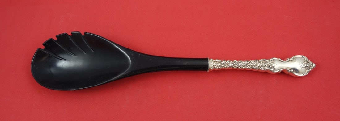 Sterling Salad Serving Fork with Black Handle Du Barry Pattern 12 1/8 Inch (1 of 2)