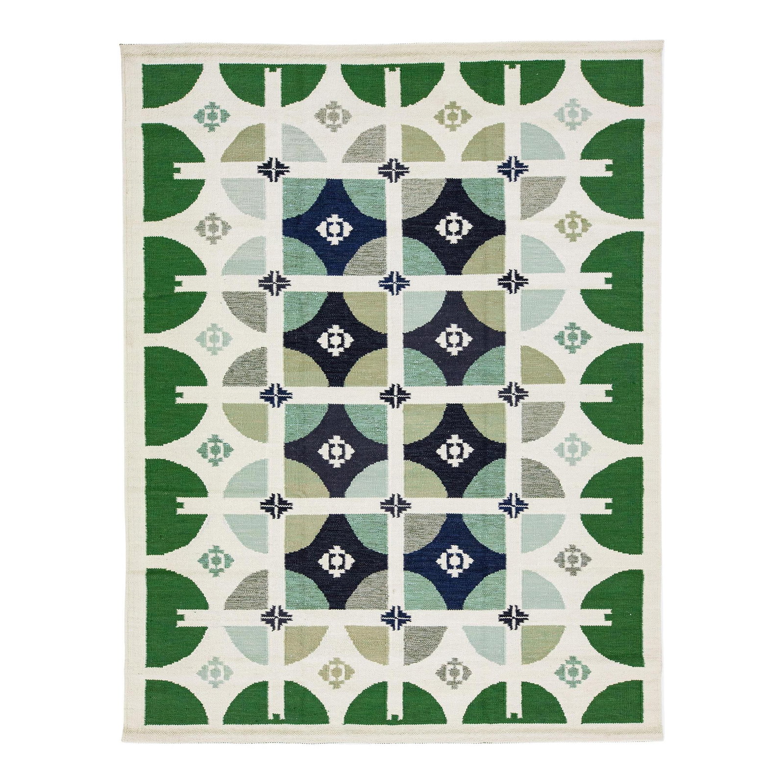Handmade Swedish Modern Wool Rug 9'2 x 11'11 Green Geo Pattern: Handmade Swedish Modern Wool Rug 9'2 x 11'11 Green Geo Pattern Discover the charm of this contemporary handmade wool rug, inspired by Swedish design, featuring an elegant ivory background. The rug sho
