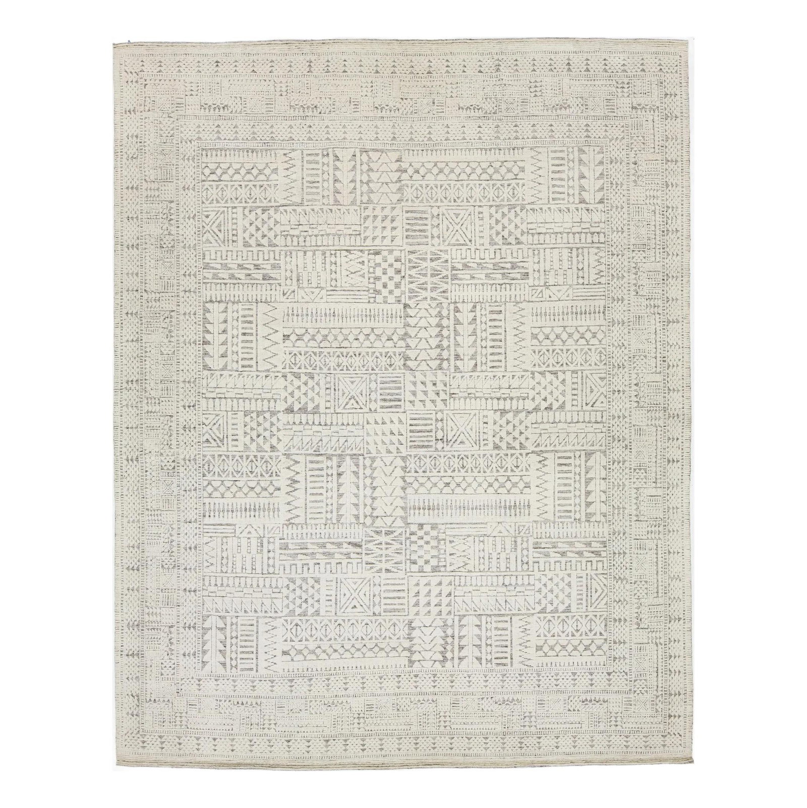 Contemporary Moroccan Ivory Wool Rug 12'1 x 15': Contemporary Moroccan Ivory Wool Rug 12'1 x 15' Enhance your space with this exquisite hand-knotted wool rug, crafted in a contemporary Moroccan style. Featuring a rich light gray and ivory color pale