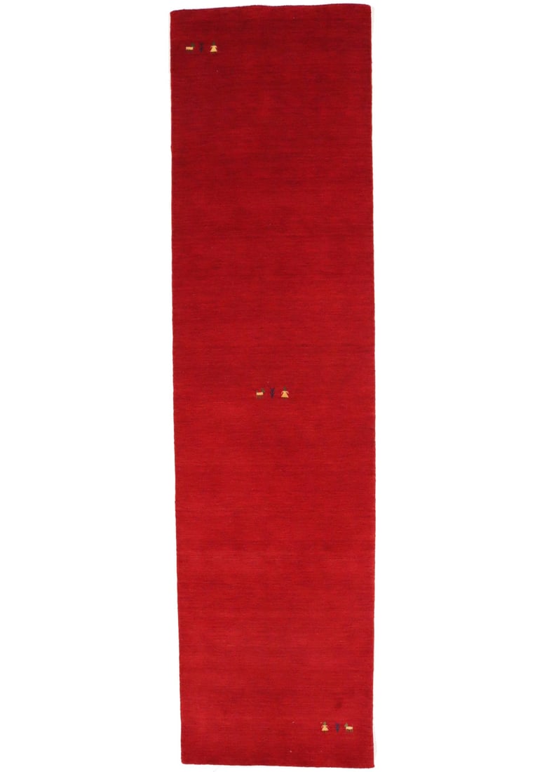 Handmade Red Gabbeh Modern Runner Rug 2'8 x 9'6 Eco Friendly Wool: Handmade Red Gabbeh Modern Runner Rug 2'8 x 9'6 Eco Friendly Wool This stunning handmade Gabbeh runner rug features a vibrant red color and an elegant modern design, ideal for enhancing your hallway o