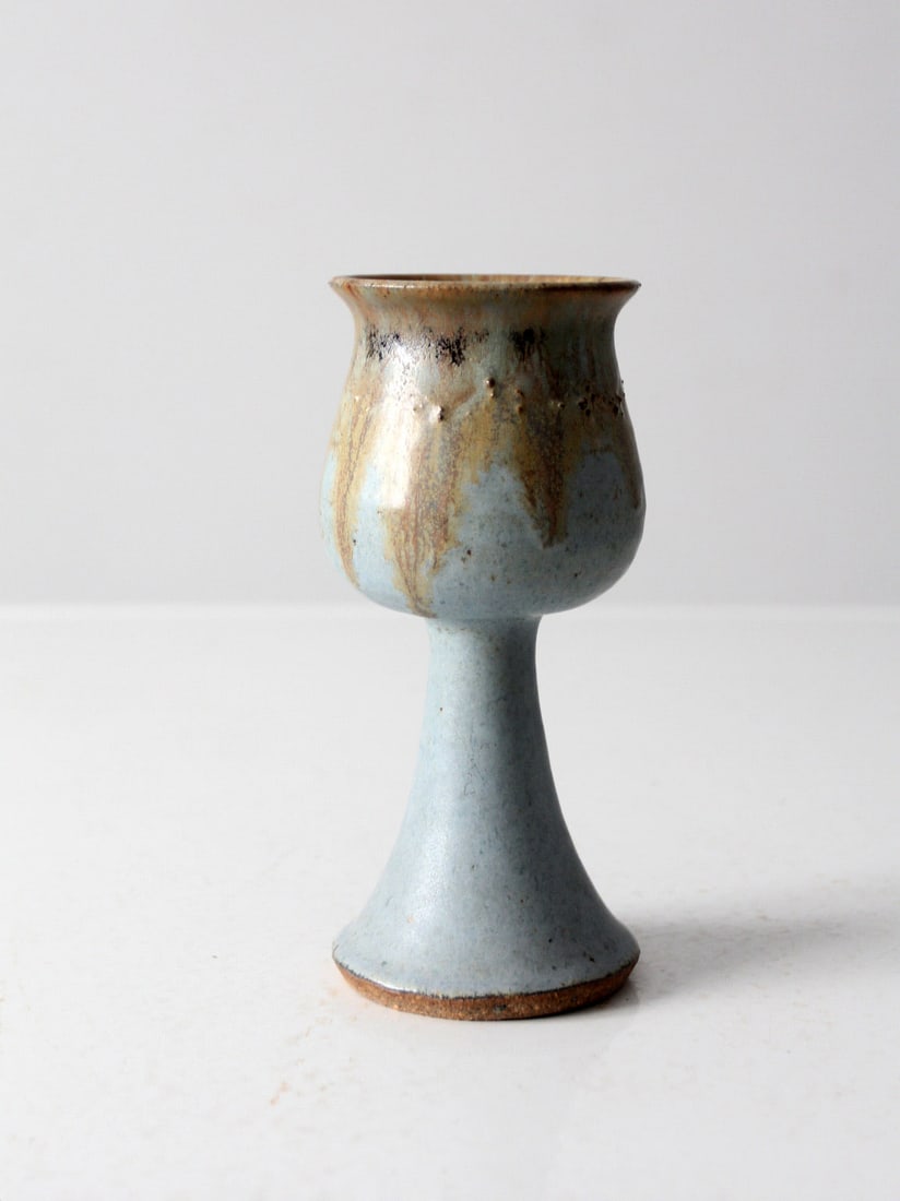 Handmade Vintage Studio Pottery Chalice Sky Blue Fawn Brown Glaze (1 of 11)