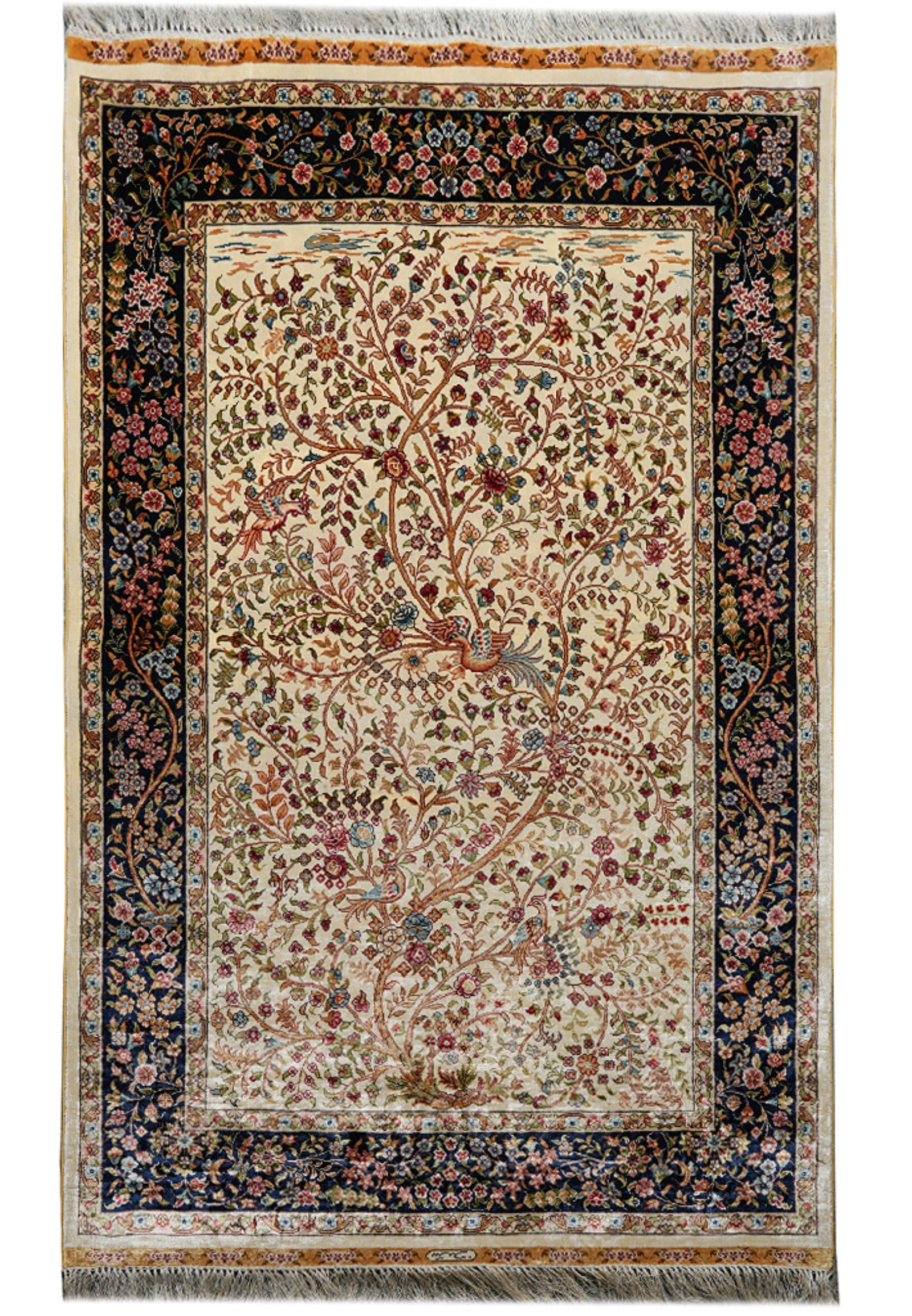 Hand-Knotted Silk Tree of Life Rug 3.4 x 5.5 Luxurious Artisan Design: Hand-Knotted Silk Tree of Life Rug 3.4 x 5.5 Luxurious Artisan Design Free continental US Shipping This hand-knotted silk rug features an intricate Tree of Life motif, crafted by skilled artisans usin