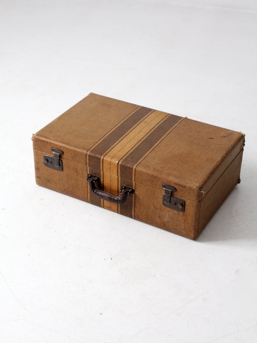 Vintage 1930s-1940s Striped Suitcase with Leather Handle (1 of 11)