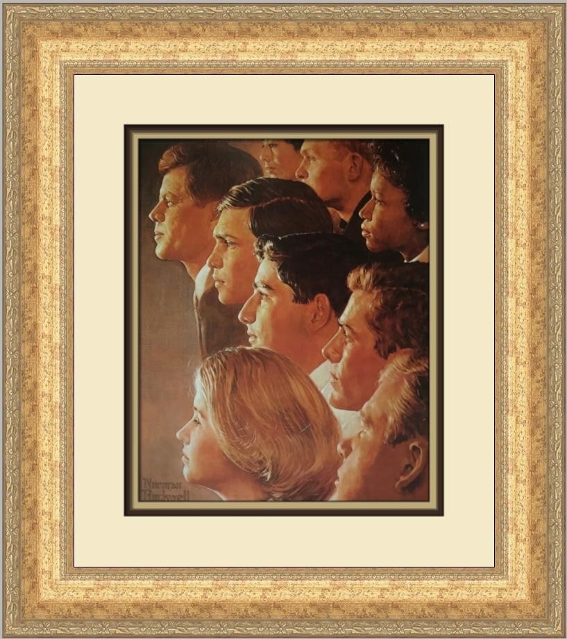 Norman Rockwell John F Kennedy Peace Corps Custom Framed Print 18x18: Norman Rockwell John F Kennedy Peace Corps Custom Framed Print 18x18 This custom framed print features Norman Rockwell's iconic depiction of John F. Kennedy and the Peace Corps. The artwork is present