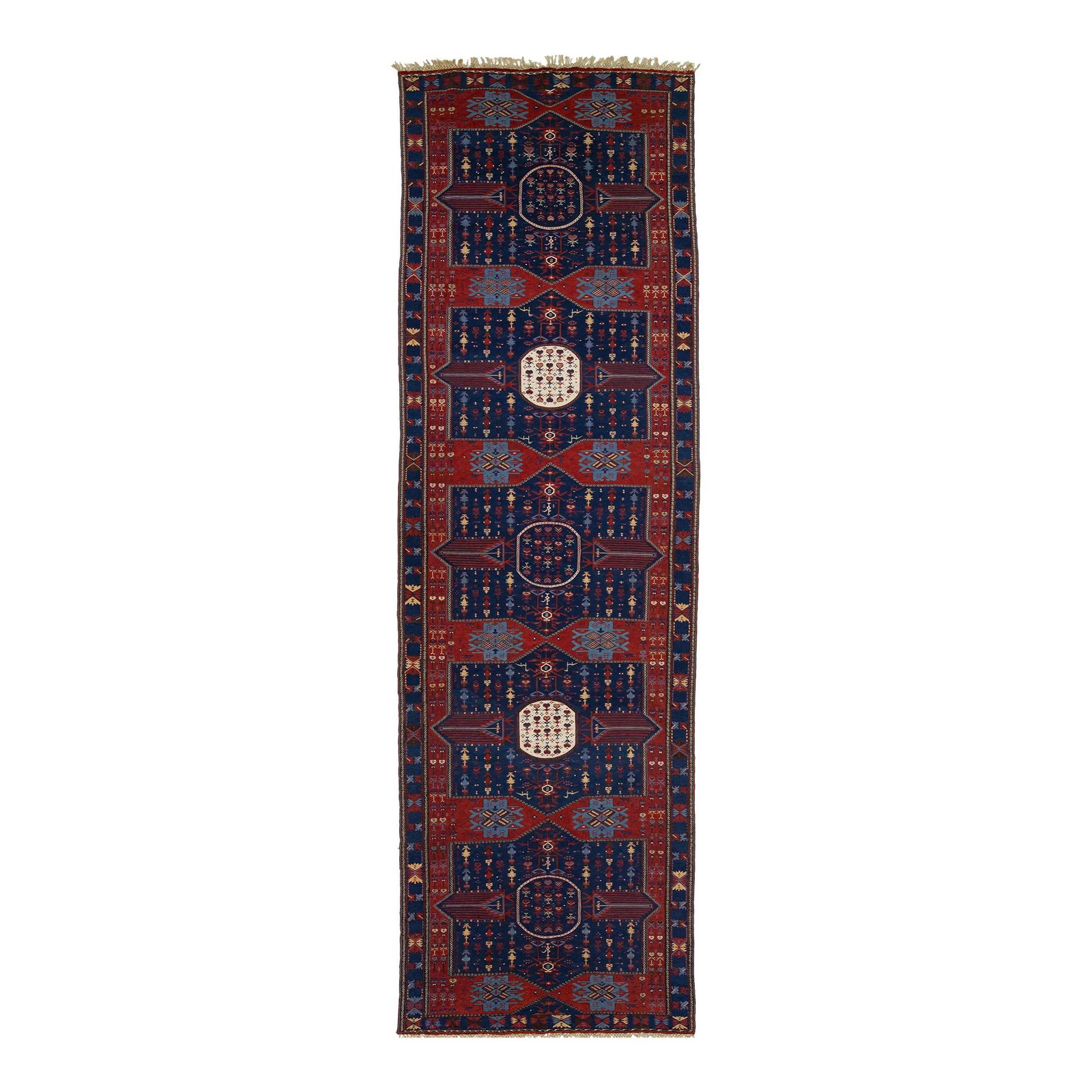 Antique Caucasian Dagestan Wool Runner Blue Tribal Design 5'7 x 18'2: Antique Caucasian Dagestan Wool Runner Blue Tribal Design 5'7 x 18'2 This exquisite antique Caucasian Dagestan handmade wool runner features a striking navy blue and red field adorned with a captivati