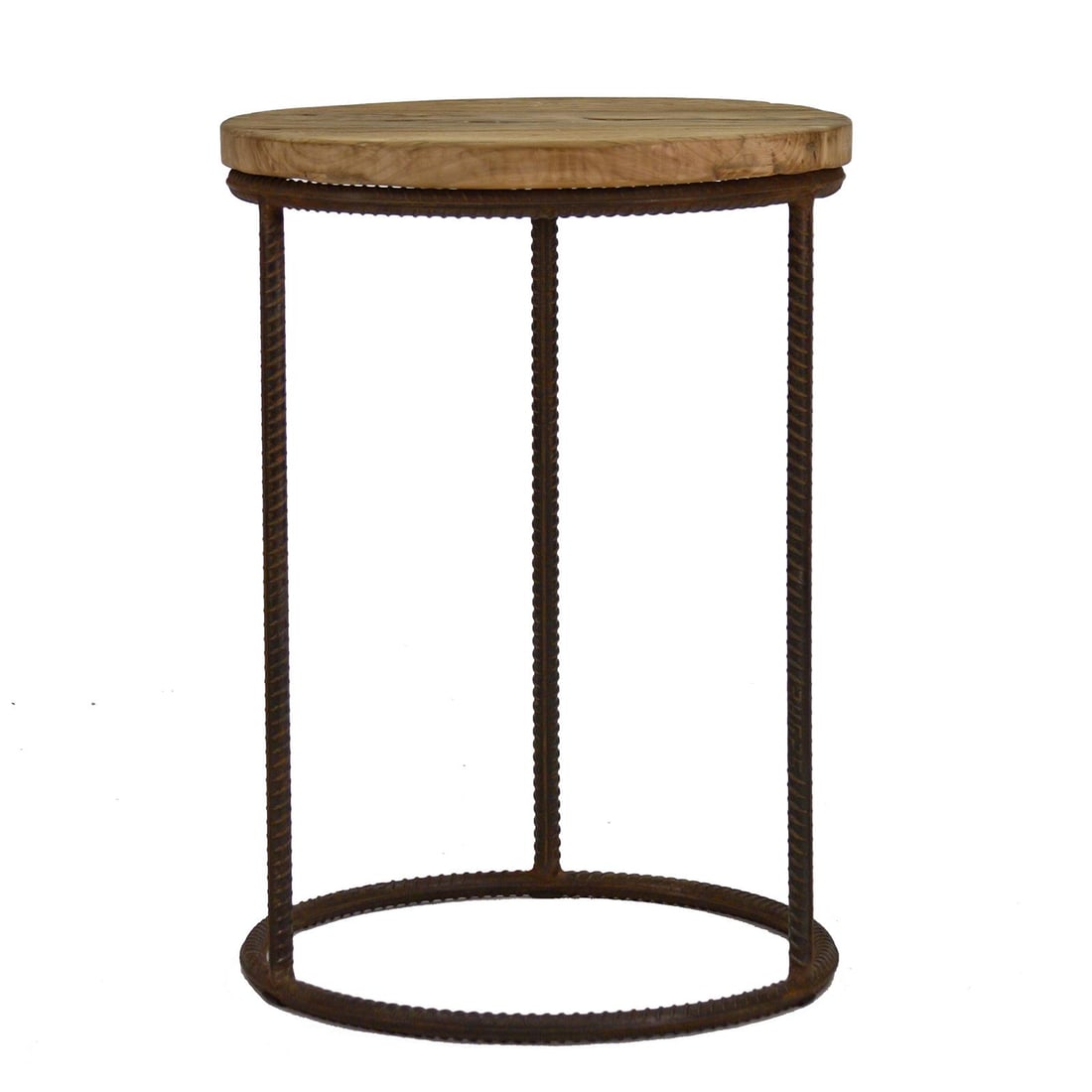 Zentique Rustique Round Side Table Stained Oak Recycled Steel 30H: Zentique Rustique Round Side Table Stained Oak Recycled Steel 30H Introducing the Stained Oak Rustique Round Side Table, a perfect blend of rustic charm and practical design. This versatile side table