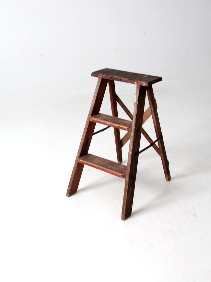 Rustic Vintage Wooden Step Ladder with Red Paint (1 of 10)