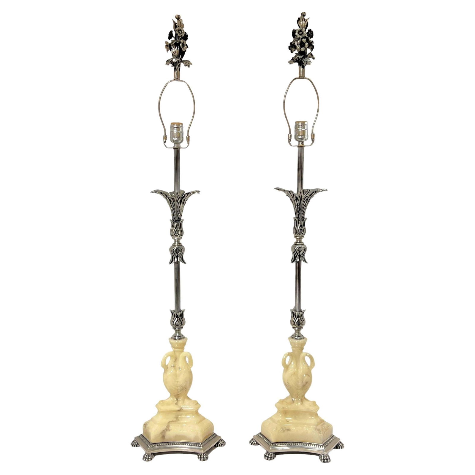 Set of 2 Neoclassical Silvered Metal Table Lamps With Swan Motif (1 of 18)