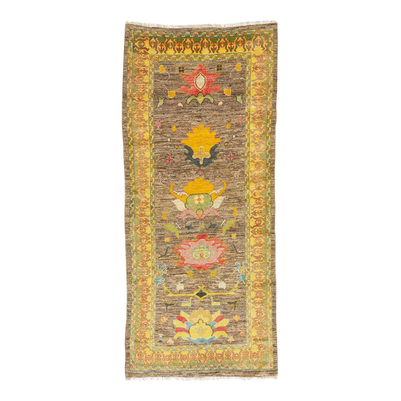 Hand-Knotted Modern Turkish Oushak Wool Rug 4'3 x 9'10 Brown Floral Pattern: Hand-Knotted Modern Turkish Oushak Wool Rug 4'3 x 9'10 Brown Floral Pattern Enhance your living space with this exquisite hand-knotted wool rug, showcasing a rich brown base adorned with a stunning fl