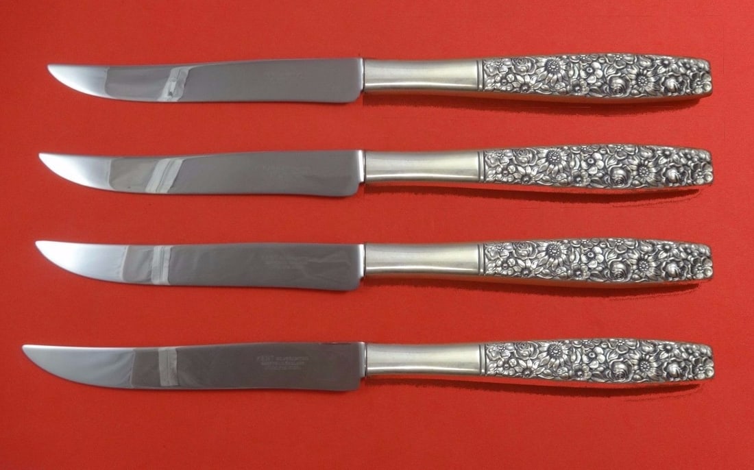 Towle Contessina Sterling Silver 4pc Texas Sized Steak Knife Set: Towle Contessina Sterling Silver 4pc Texas Sized Steak Knife Set Elevate your dining experience with this exquisite 4-piece steak knife set from the Contessina pattern by Towle. Each knife features a