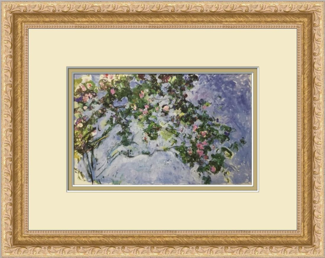 Claude Monet The Roses Custom Framed Landscape Print 14 x 11.5: Claude Monet The Roses Custom Framed Landscape Print 14 x 11.5 This exquisite custom framed print features Claude Monet's beautiful artwork titled "The Roses". The piece showcases a stunning landscape